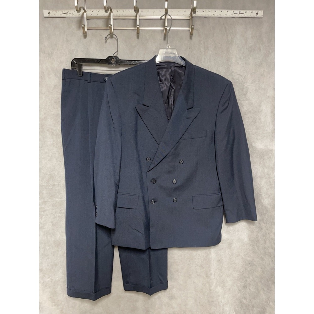 Andre VIllard Suit Men 44R Blue Houndstooth Double Breasted Flannel 36X30 P Luxe
